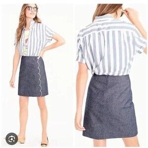 J Crew Women Skirt SZ 4 Blue Chambray Scallop Embroidered A-Line 100% Cotton NWT